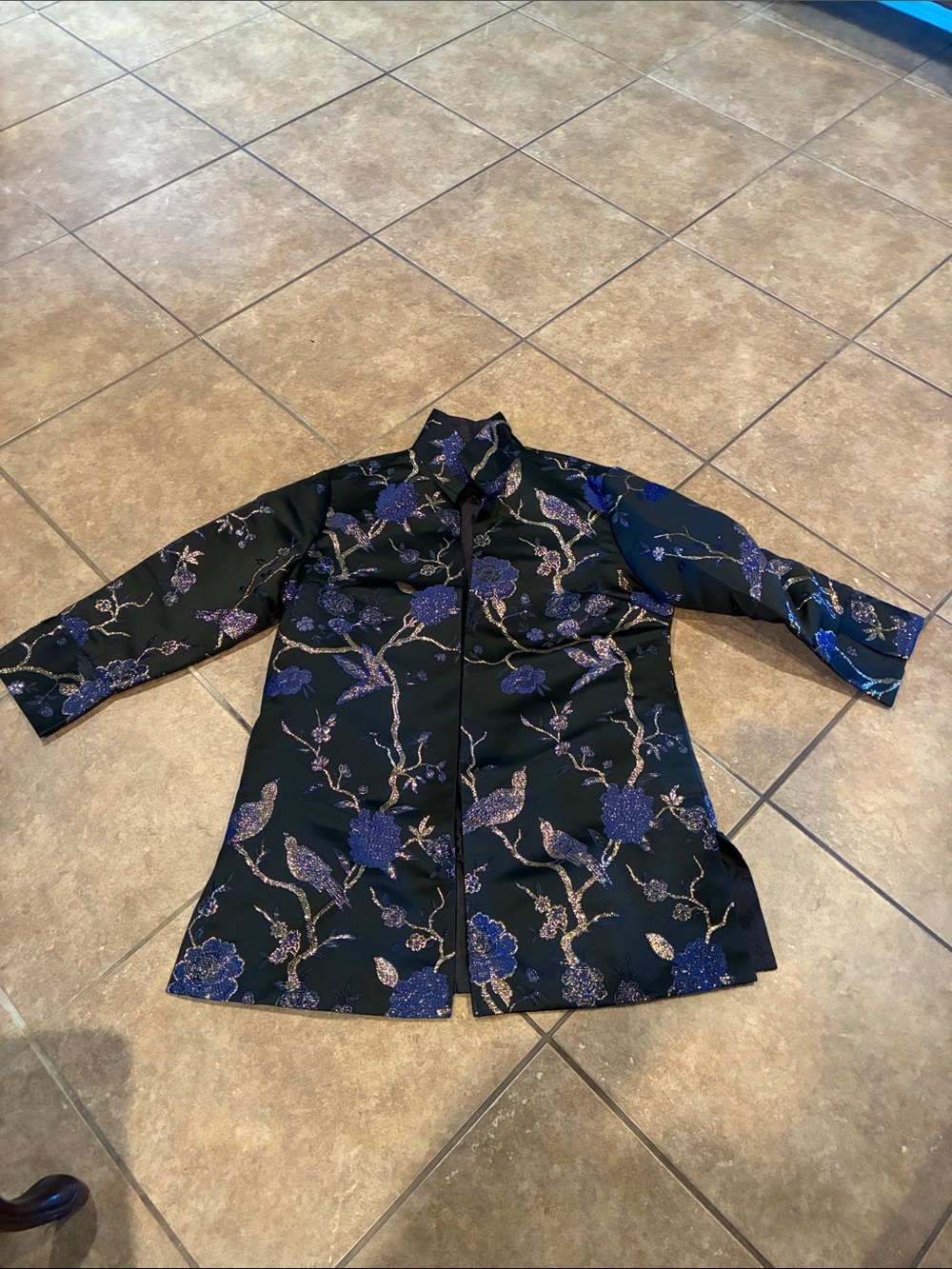 Black Floral Embroidered Long Jacket with Purple Accents